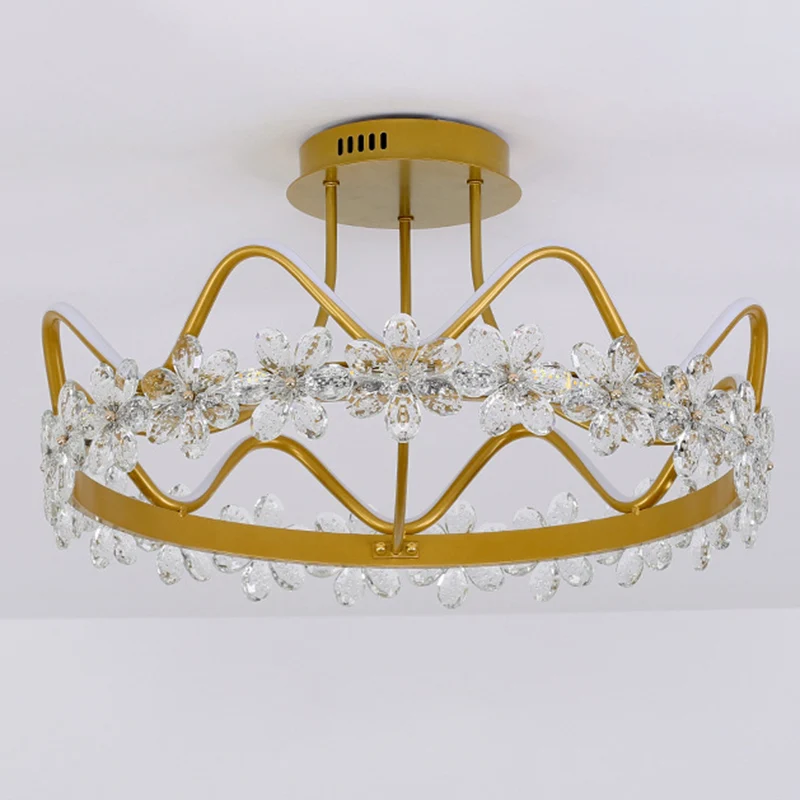 Plafonnier LED circulaire doré, luminaire Semi-encastré en cristal de fleur minimaliste pour chambre à coucher Clearhalo