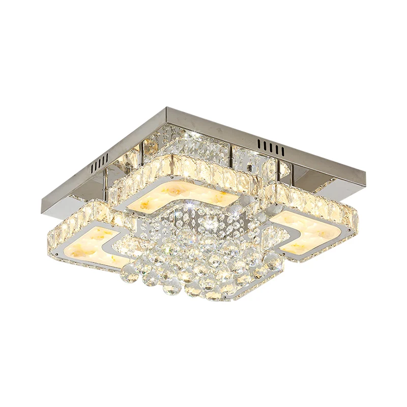 Plafonnier LED contemporain semi-affleurant carré en cristal et orbes avec motif lotus Clearhalo