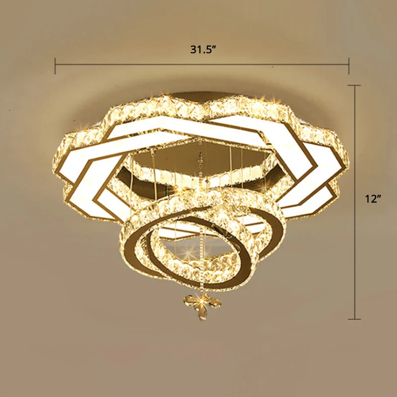 Plafonnier LED en cristal contemporain avec anneaux argentés, luminaire décoratif d'intérieur, idéal pour une chambre à co...
