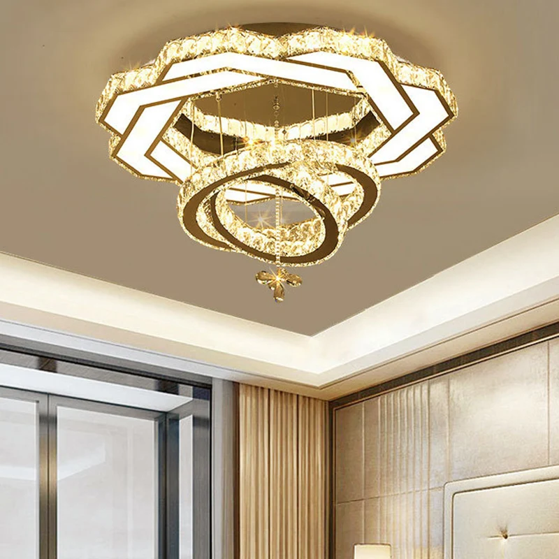 Plafonnier LED en cristal contemporain avec anneaux argentés, luminaire décoratif d'intérieur, idéal pour une chambre à co...