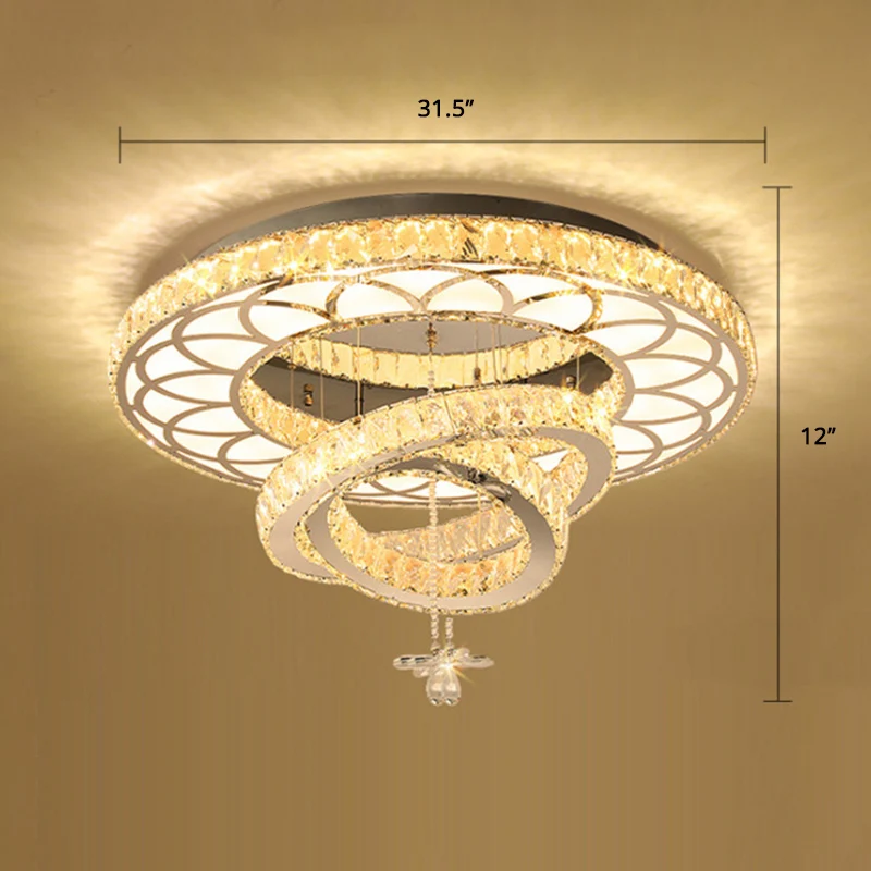 Plafonnier LED en cristal contemporain avec anneaux argentés, luminaire décoratif d'intérieur, idéal pour une chambre à co...