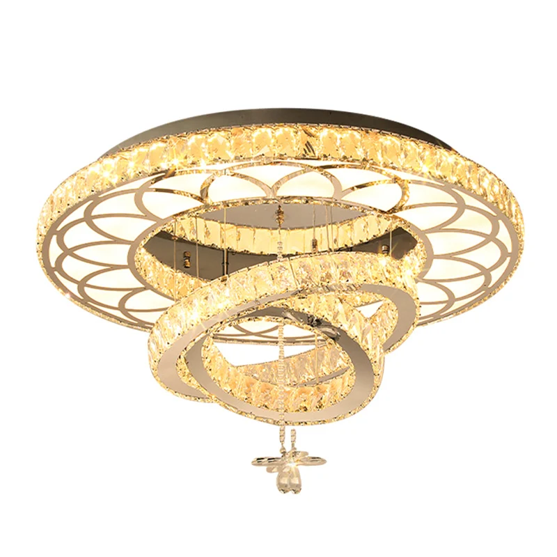 Plafonnier LED en cristal contemporain avec anneaux argentés, luminaire décoratif d'intérieur, idéal pour une chambre à co...