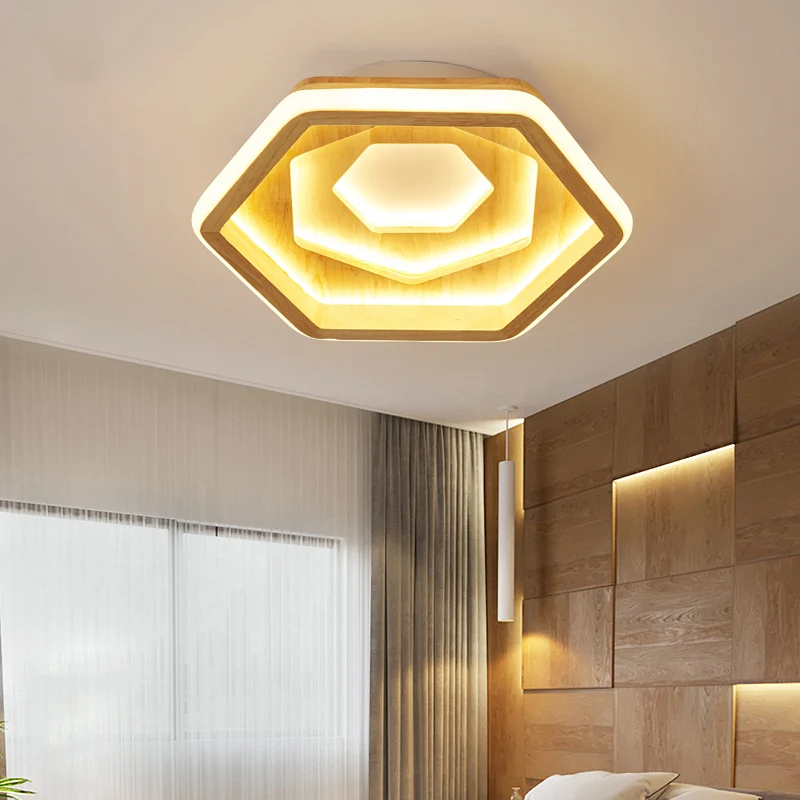 Plafonnier LED encastré en nid d'abeille pour chambre à coucher, luminaire contemporain en bois, beige Clearhalo