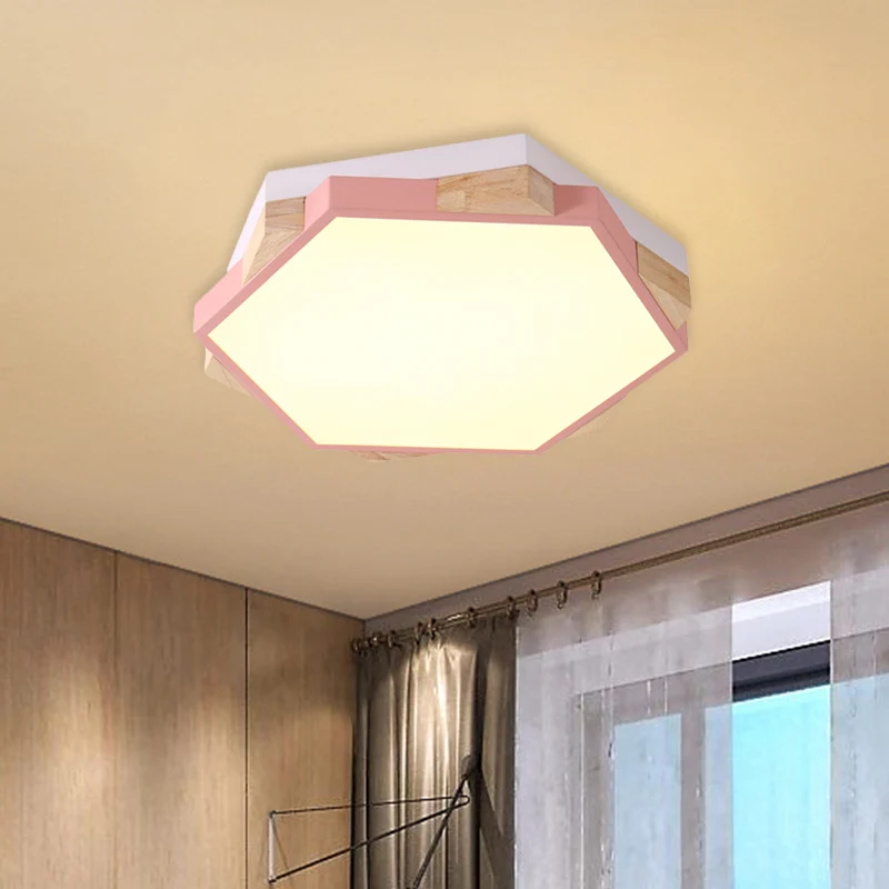 Plafonnier LED hexagonal en acrylique de Style Macaron, pour chambre à coucher, pour le soin des yeux, noir/bleu/vert/rose...