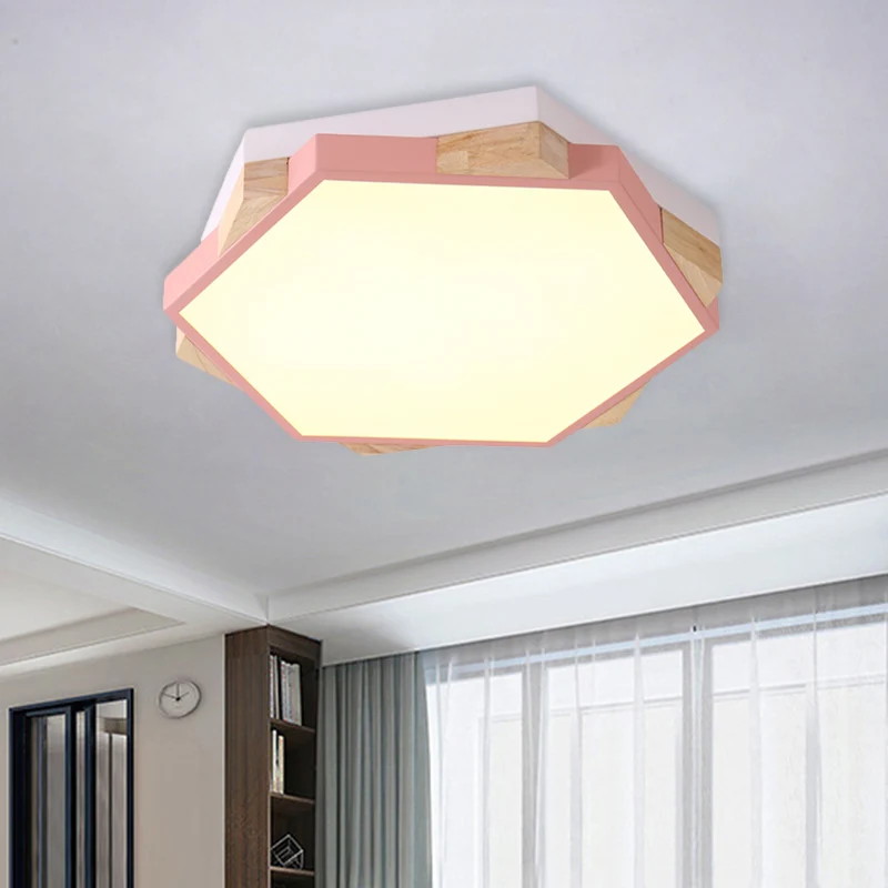 Plafonnier LED hexagonal en acrylique de Style Macaron, pour chambre à coucher, pour le soin des yeux, noir/bleu/vert/rose...
