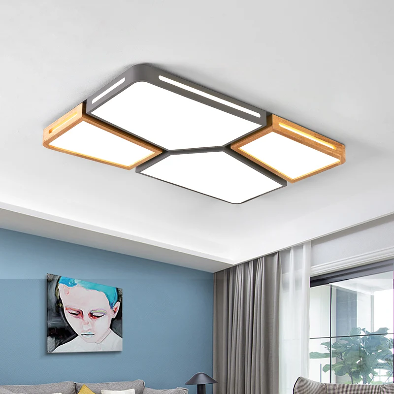 Plafonnier LED moderne en bois à montage encastré rectangulaire, 35,5/45 pouces de large, pour chambre à coucher, gris/bla...