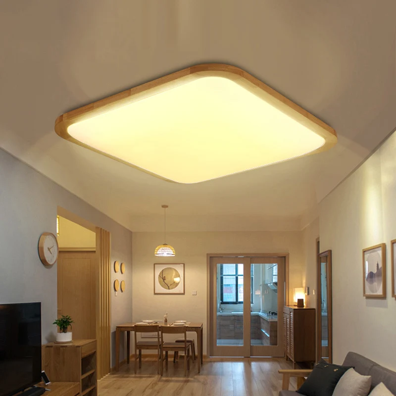 Plafonnier LED rectangulaire/carré nordique en acrylique, plafonnier de couloir avec coin arrondi en bois, largeur 14/23/3...