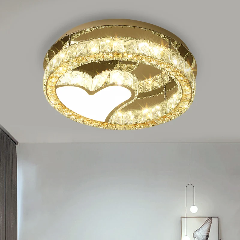 Plafonnier LED rond en acier inoxydable avec blocs de cristal transparent, semi-encastré moderne avec motif cœur, 45,7 cm/...