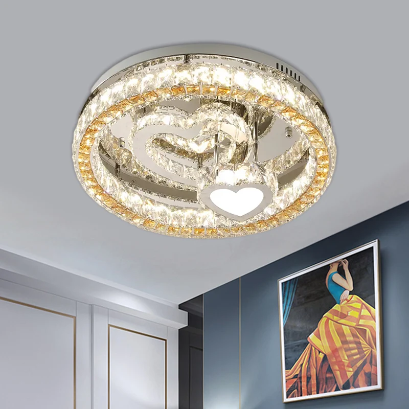 Plafonnier LED rond en acier inoxydable avec blocs de cristal transparent, semi-encastré moderne avec motif cœur, 45,7 cm/...