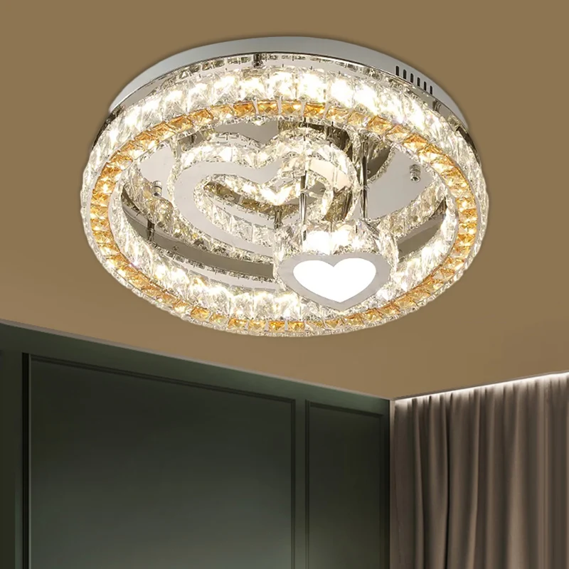 Plafonnier LED rond en acier inoxydable avec blocs de cristal transparent, semi-encastré moderne avec motif cœur, 45,7 cm/...