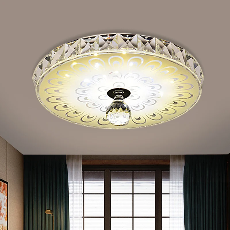 Plafonnier LED rond en cristal à facettes Simplicity en blanc avec motif queue de paon, lumière chaude/blanche Clearhalo