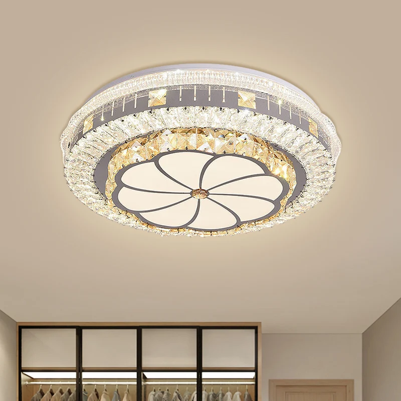 Plafonnier LED rond encastré contemporain en acier inoxydable avec blocs de cristal découpés avec motif floral Clearhalo
