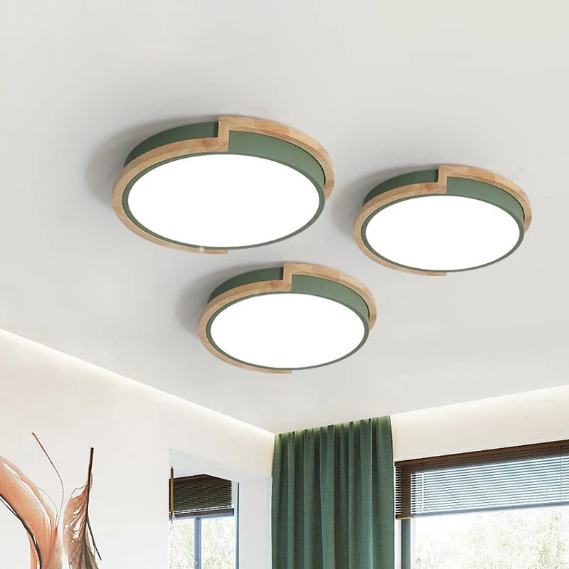 Plafonnier LED rond en métal macaron gris/bleu/rose avec cadre en bois Clearhalo