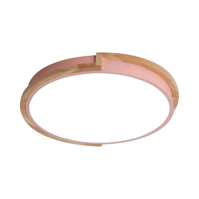 Plafonnier LED rond en métal macaron gris/bleu/rose avec cadre en bois Clearhalo