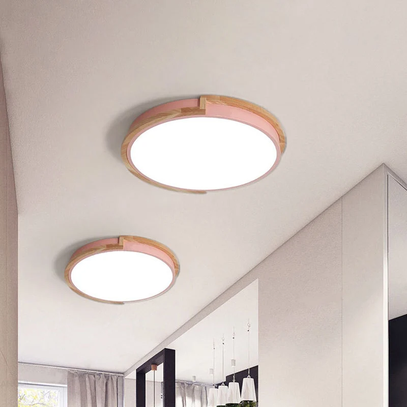 Plafonnier LED rond en métal macaron gris/bleu/rose avec cadre en bois Clearhalo