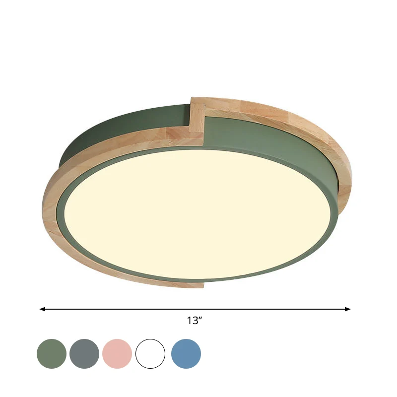 Plafonnier LED rond en métal macaron gris/bleu/rose avec cadre en bois Clearhalo