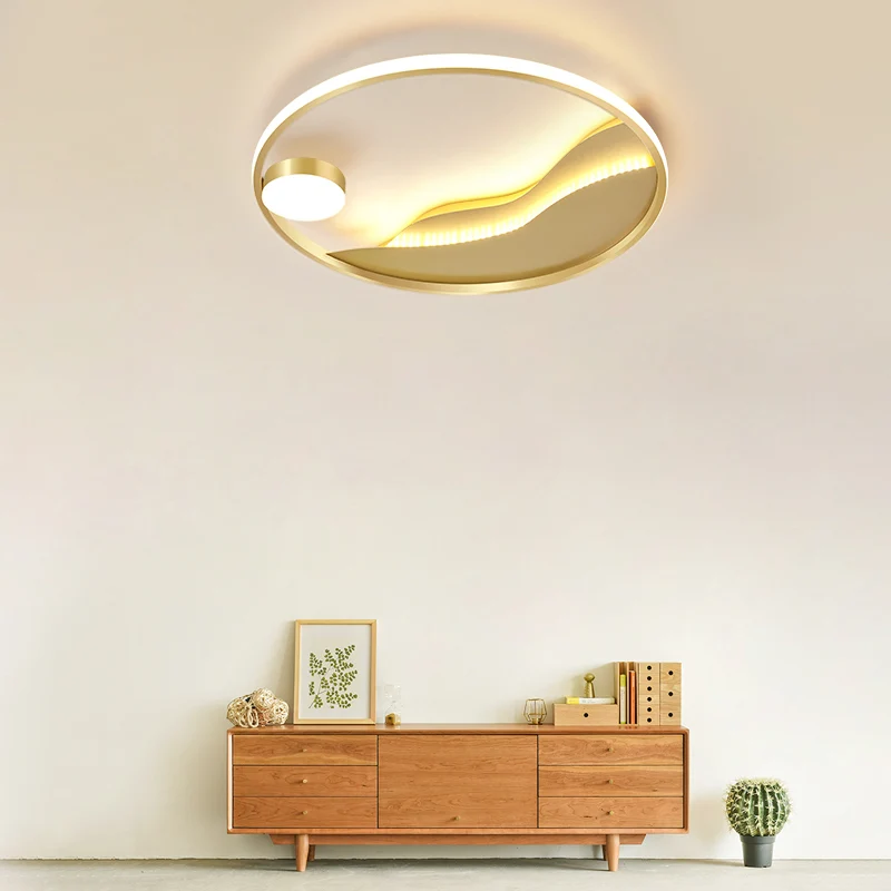 Plafonnier LED rond en métal pour chambre à coucher, art abstrait minimaliste, doré Clearhalo