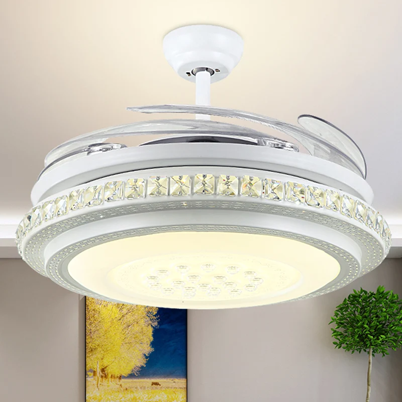Plafonnier LED semi-encastré de 42 po de largeur, éclairage circulaire moderne en cristal avec ventilateur suspendu en bla...