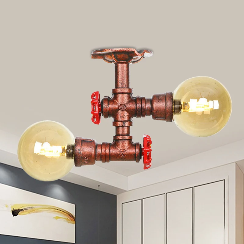 Plafonnier LED en verre ambré et cuivre, boule lumineuse à 2 têtes, luminaire de plafond semi-encastré pour ferme Clearhalo
