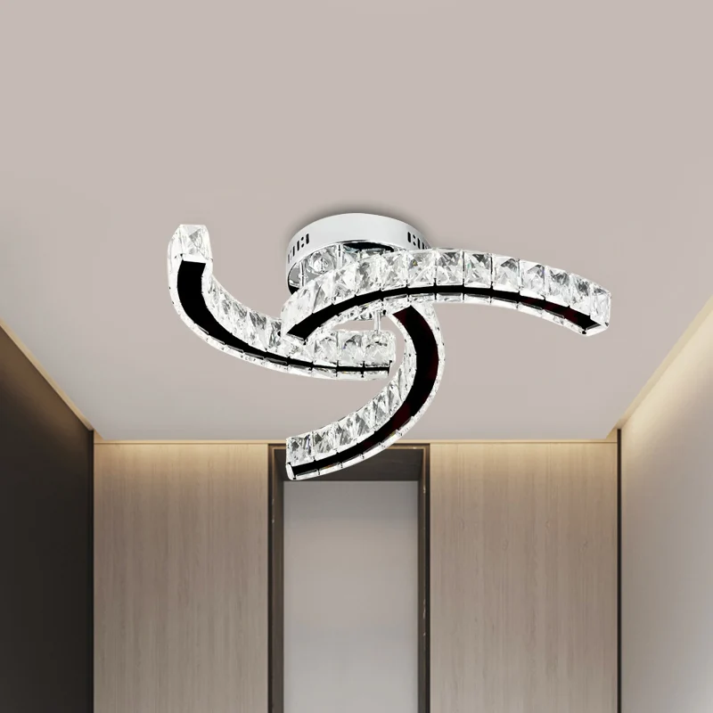 Plafonnier linéaire incurvé moderniste bloc de cristal LED lampe semi-affleurante de salon en acier inoxydable, lumière ch...