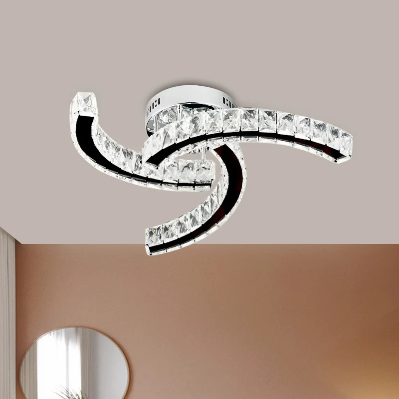 Plafonnier linéaire incurvé moderniste bloc de cristal LED lampe semi-affleurante de salon en acier inoxydable, lumière ch...