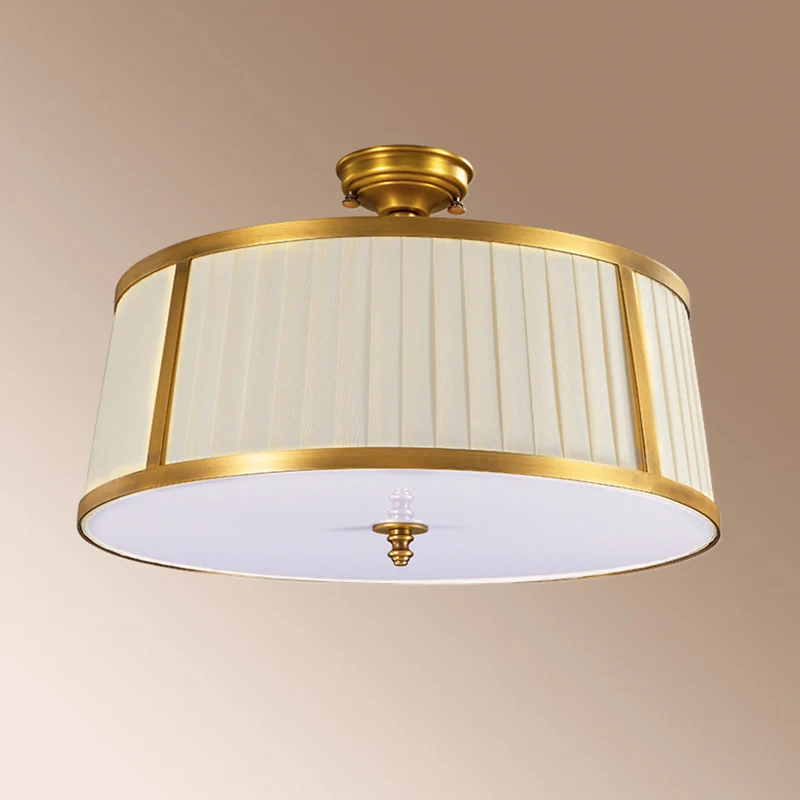 Plafonnier à 4 lumières à montage encastré en tissu tambour vintage en laiton poli Clearhalo
