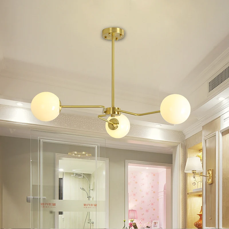 Plafonnier moderne doré à 3 ampoules, luminaire semi-encastré pour chambre à coucher, avec abat-jour en verre blanc orbe C...