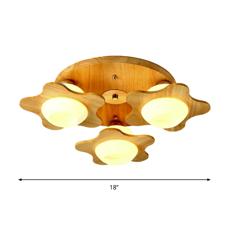 Plafonnier moderne à 3/5 lumières en bois floral, semi-monté, beige, avec abat-jour sphérique en verre de lait Clearhalo