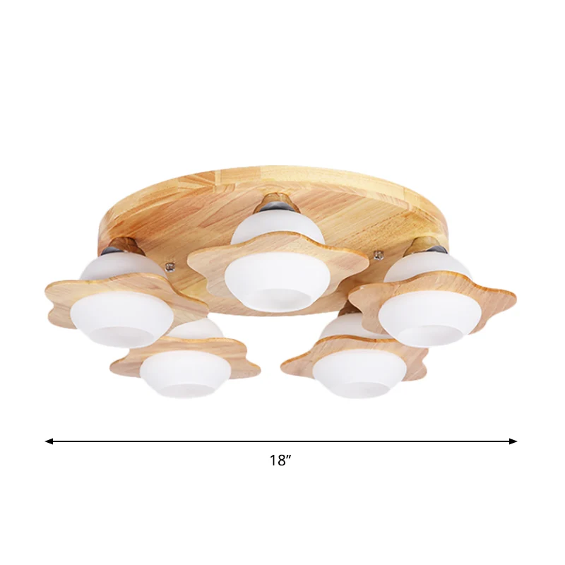 Plafonnier moderne à 3/5 lumières en bois floral, semi-monté, beige, avec abat-jour sphérique en verre de lait Clearhalo