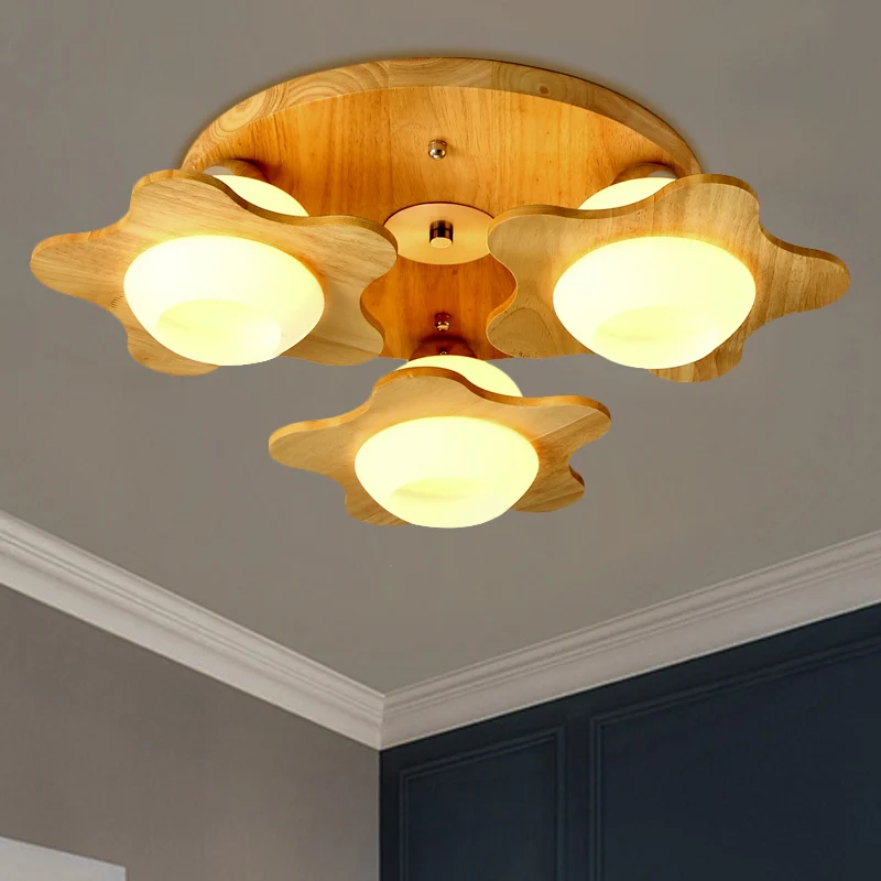 Plafonnier moderne à 3/5 lumières en bois floral, semi-monté, beige, avec abat-jour sphérique en verre de lait Clearhalo