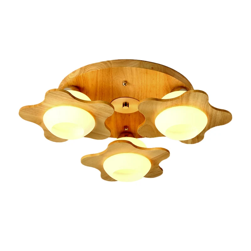 Plafonnier moderne à 3/5 lumières en bois floral, semi-monté, beige, avec abat-jour sphérique en verre de lait Clearhalo