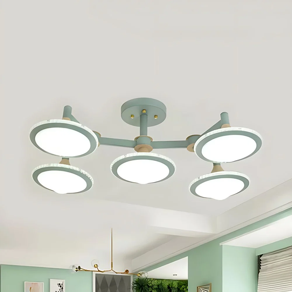 Plafonnier moderne Macaron Gyro en métal, 5 lumières, luminaire de plafond vert pour salle d'étude Clearhalo