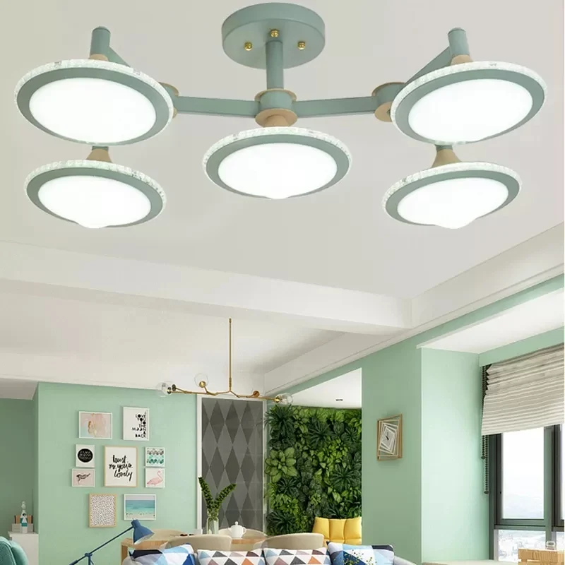 Plafonnier moderne Macaron Gyro en métal, 5 lumières, luminaire de plafond vert pour salle d'étude Clearhalo