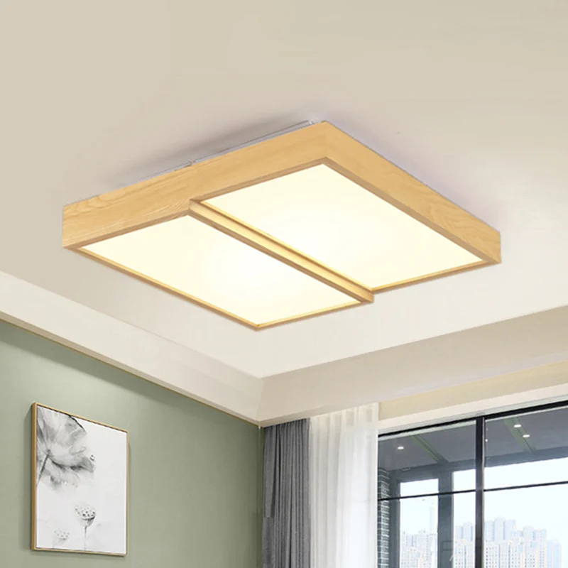 Plafonnier moderne rectangulaire en bois à 2 lumières, 14 / 19,5 / 25,5 po de large, lumière chaude/blanche Clearhalo