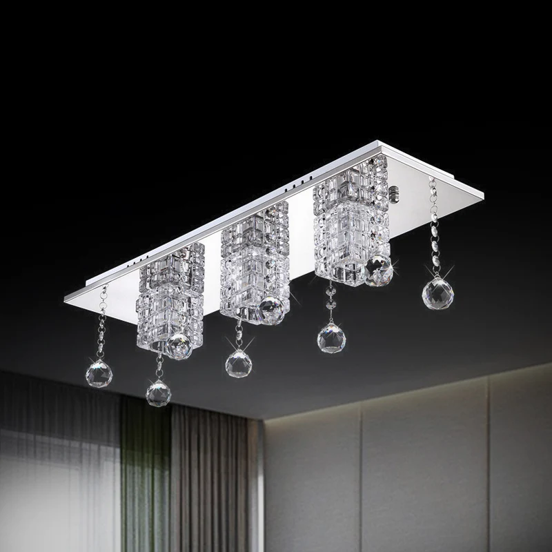 Plafonnier moderne à 3 têtes avec abat-jour en cristal transparent et nickel, avec drapé d'orbes, lumière blanche/chaude C...