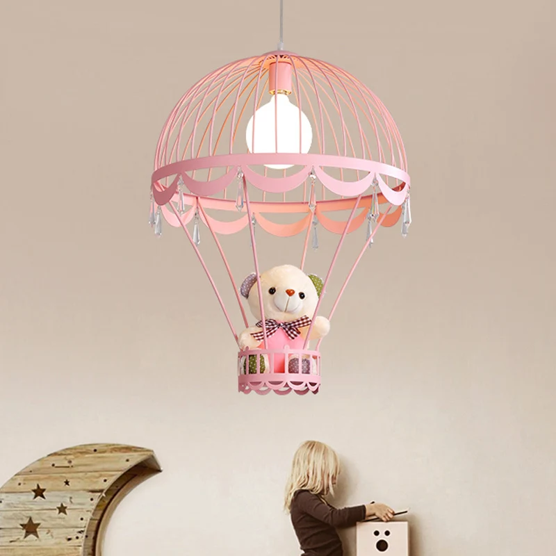 Plafonnier Montgolfière Enfants Fer 1 Lampe Suspendue Rose Clair/Bleu avec Décoration Ours Clearhalo
