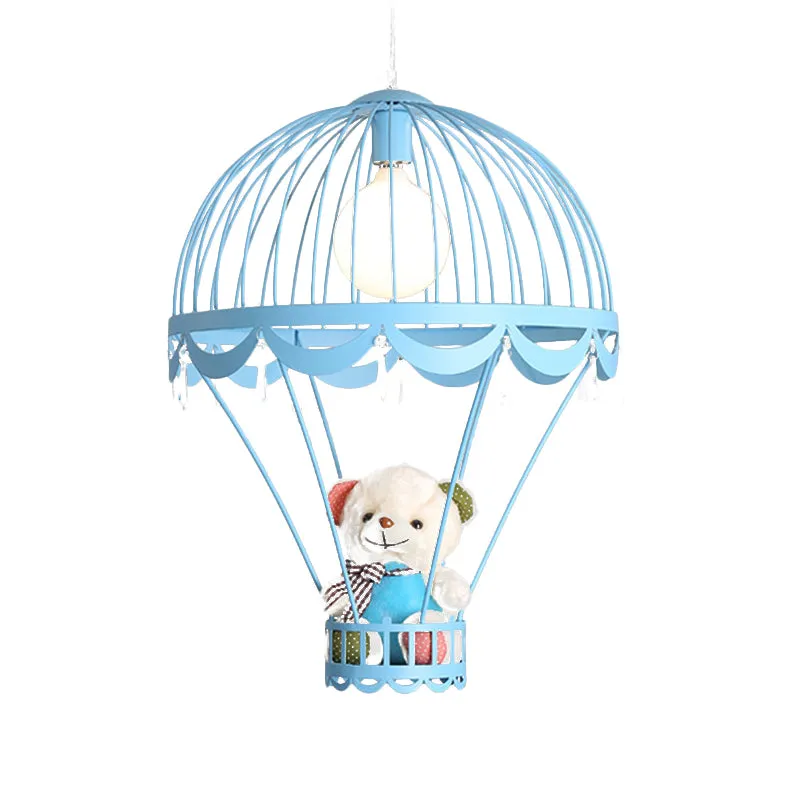 Plafonnier Montgolfière Enfants Fer 1 Lampe Suspendue Rose Clair/Bleu avec Décoration Ours Clearhalo