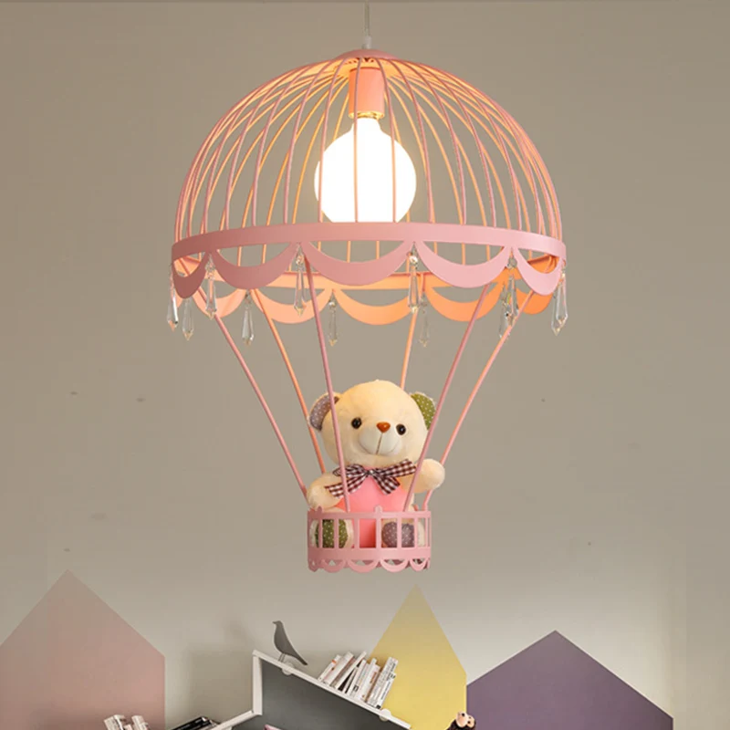 Plafonnier Montgolfière Enfants Fer 1 Lampe Suspendue Rose Clair/Bleu avec Décoration Ours Clearhalo