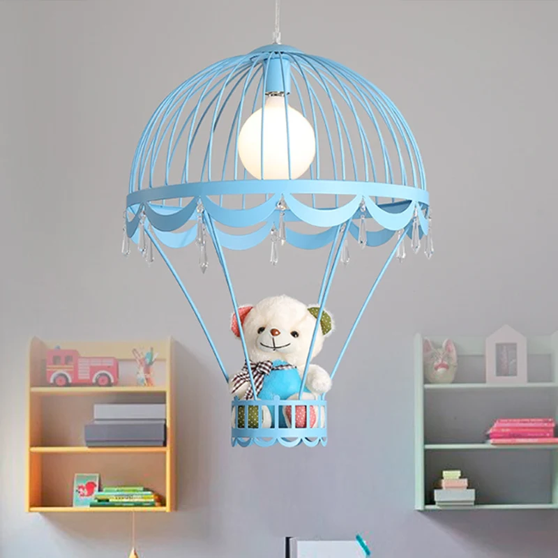 Plafonnier Montgolfière Enfants Fer 1 Lampe Suspendue Rose Clair/Bleu avec Décoration Ours Clearhalo