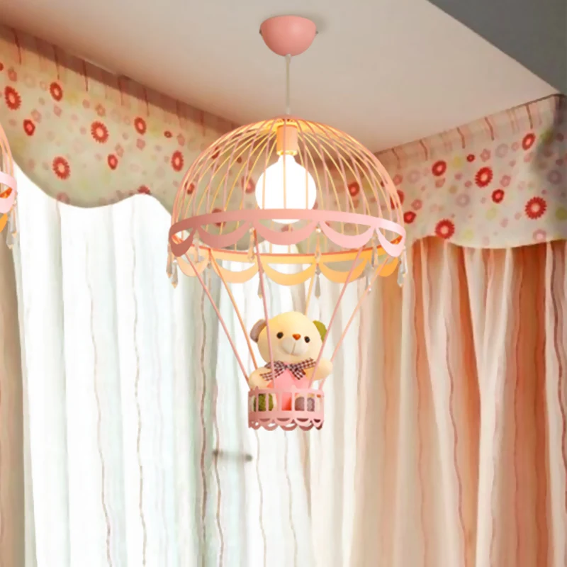 Plafonnier Montgolfière Enfants Fer 1 Lampe Suspendue Rose Clair/Bleu avec Décoration Ours Clearhalo