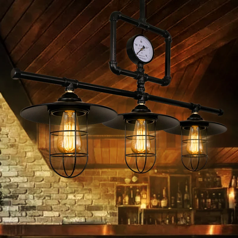 Plafonnier en métal à 3 têtes, luminaire décoratif de plafond, noir et antique, avec abat-jour plat, pour Bar et île, avec...