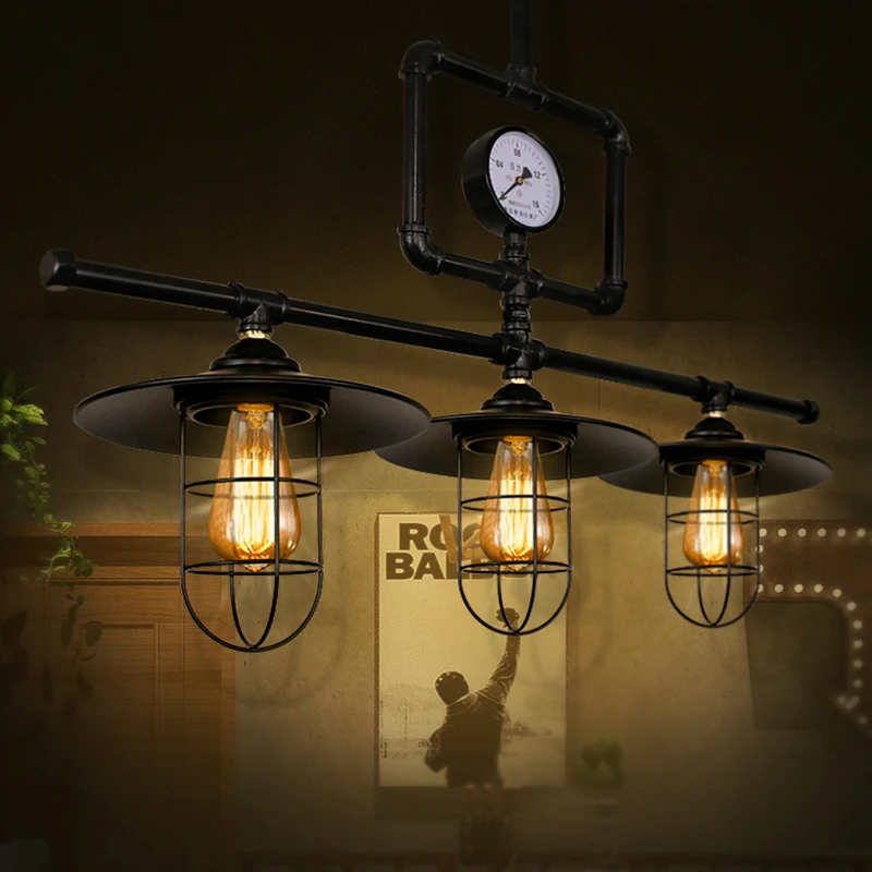 Plafonnier en métal à 3 têtes, luminaire décoratif de plafond, noir et antique, avec abat-jour plat, pour Bar et île, avec...