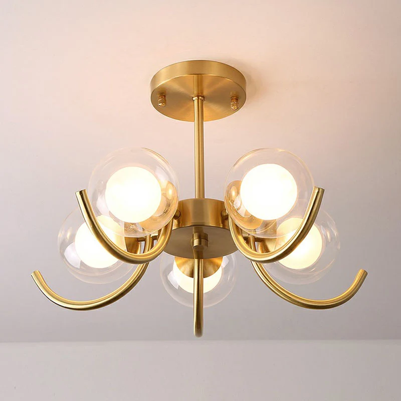 Plafonnier métallique postmoderne semi-encastré à tourbillon doré antique avec abat-jour en verre transparent et blanc Cle...