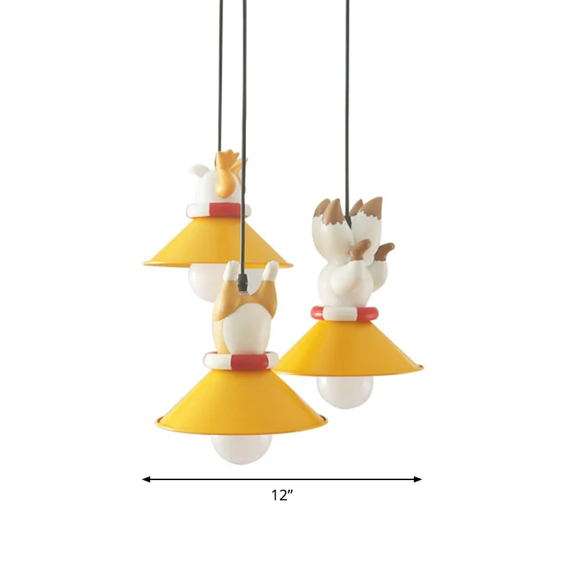 Plafonnier Multi cône en métal dessin animé 3 ampoules luminaire suspendu jaune avec animaux déco en résine Clearhalo