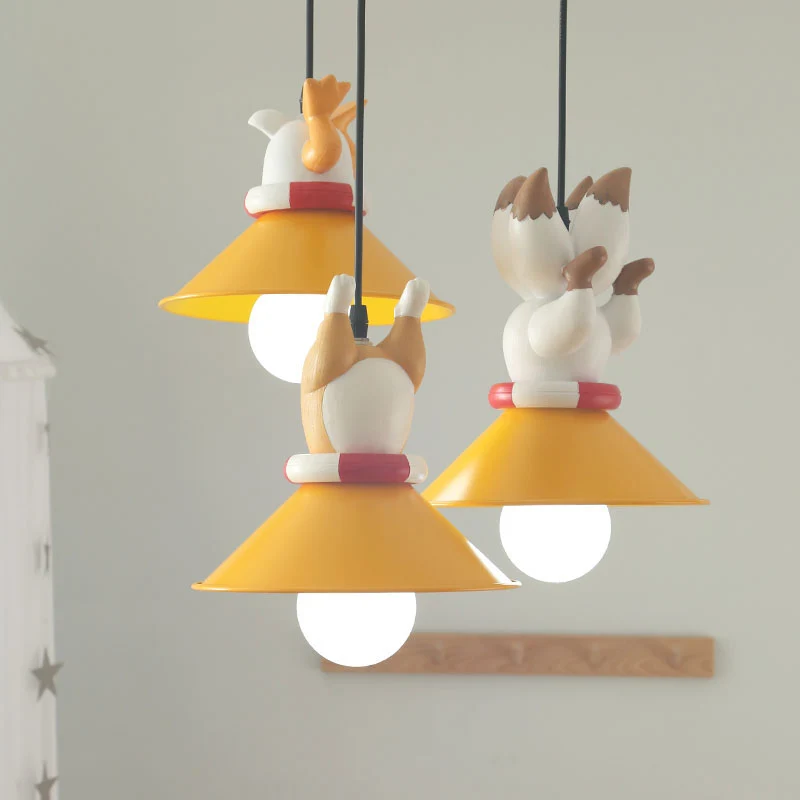 Plafonnier Multi cône en métal dessin animé 3 ampoules luminaire suspendu jaune avec animaux déco en résine Clearhalo
