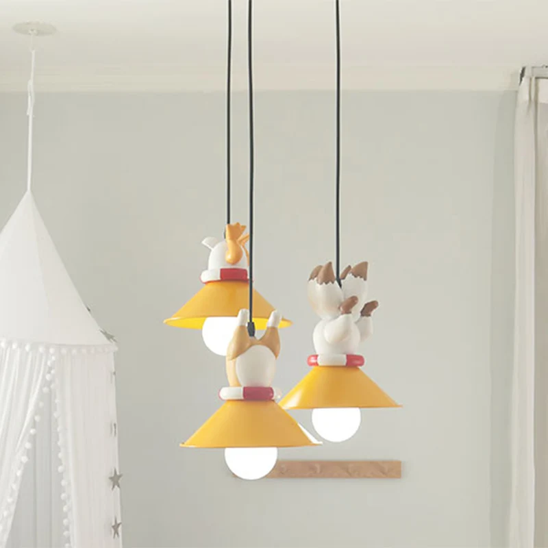 Plafonnier Multi cône en métal dessin animé 3 ampoules luminaire suspendu jaune avec animaux déco en résine Clearhalo
