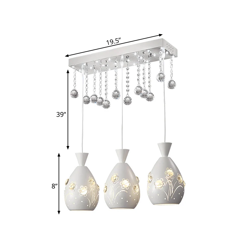 Plafonnier multi-lumières en fer ajouré, moderne, suspendu, blanc, à 3 lumières, avec gouttelettes de cristal Clearhalo