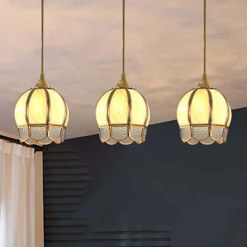 Plafonnier multi-plafonnier à 3 têtes en forme de dôme, luminaire à Suspension en verre ondulé doré Clearhalo