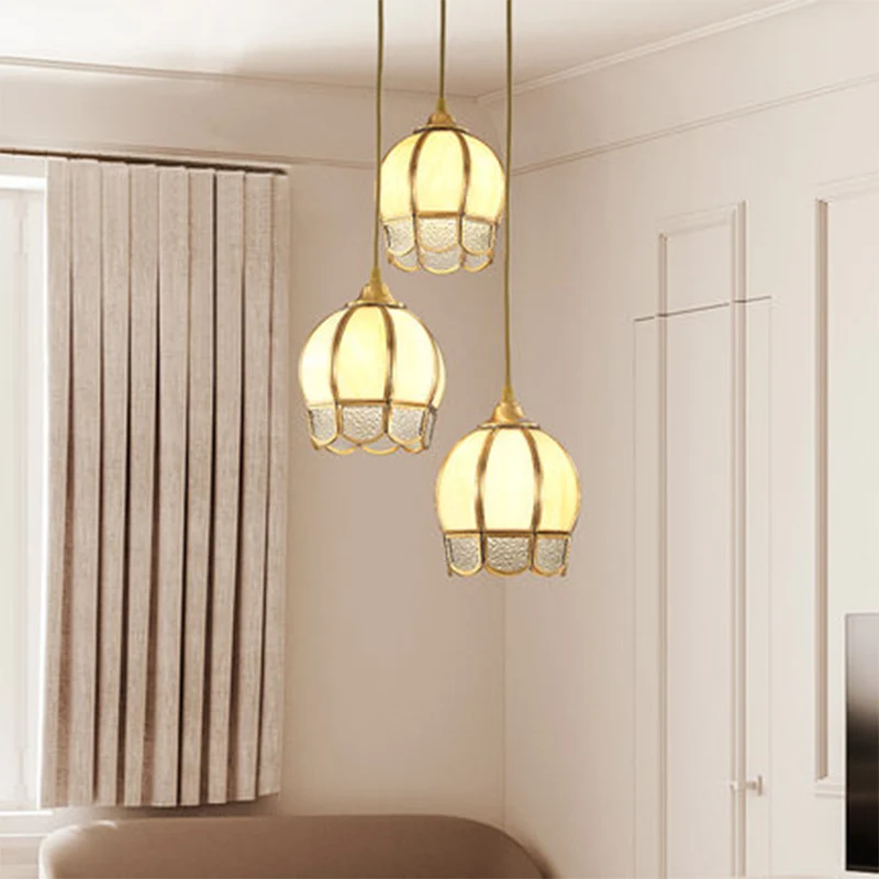 Plafonnier multi-plafonnier à 3 têtes en forme de dôme, luminaire à Suspension en verre ondulé doré Clearhalo