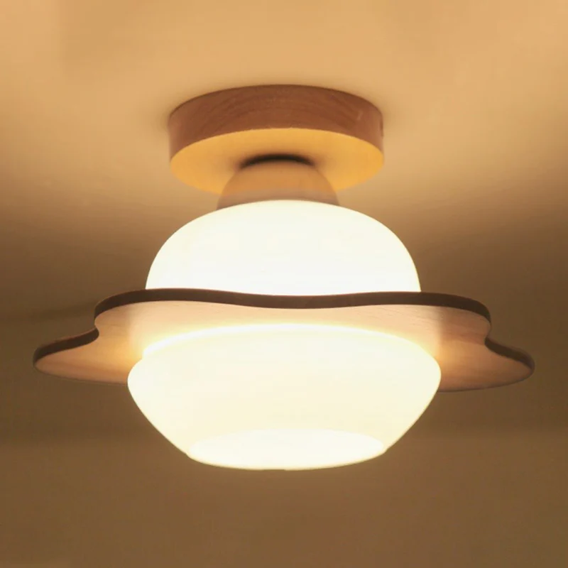 Plafonnier nordique à 1 lumière en verre crème pour couloir de fleurs, luminaire semi-encastré en bois Clearhalo
